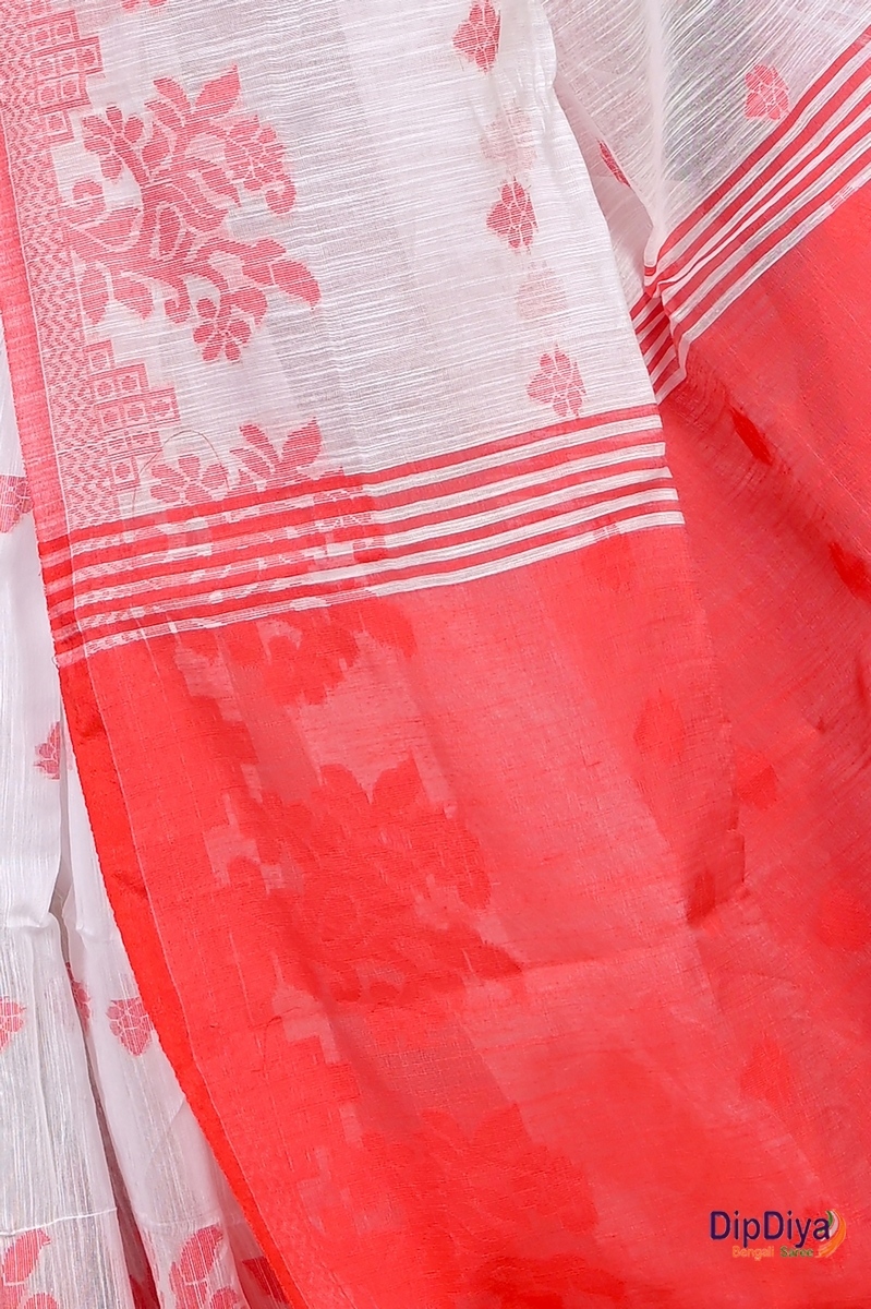 White Red Cotton Blended Parup Hand Loom Saree (554)